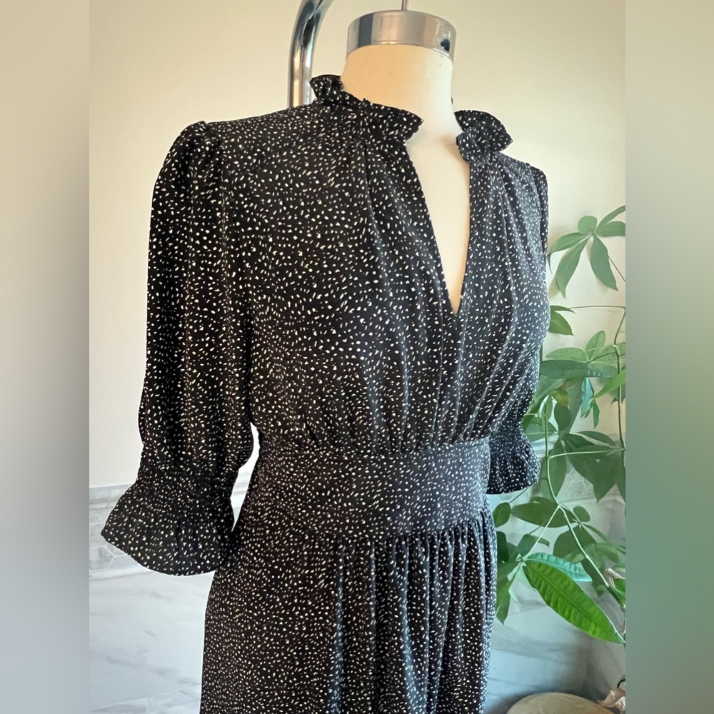 Black and White Polka Dot Puff Sleeves Midi Dress Sz M